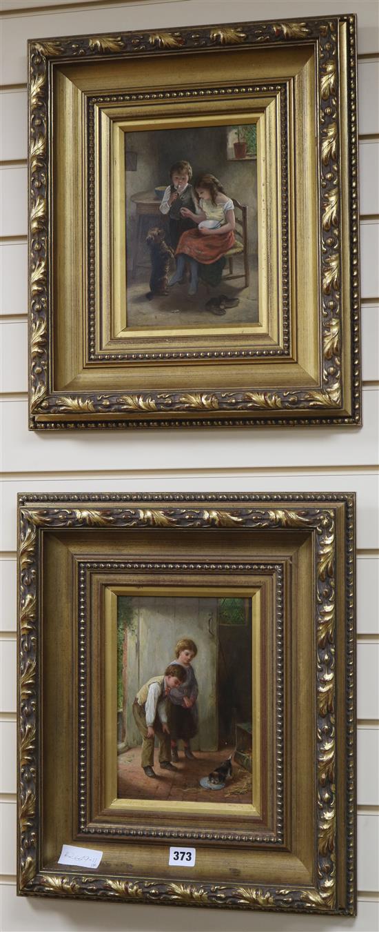 J.R. Makin, pair of oils, Interior scenes with children playing with pets, signed, 24 x 16.5cm